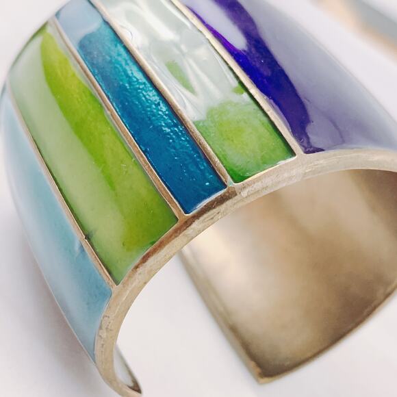 VTG Y2K Signed Kenneth Cole Brass Cuff Bracelet Enamel Color Block Wide Modern - Picture 10 of 16